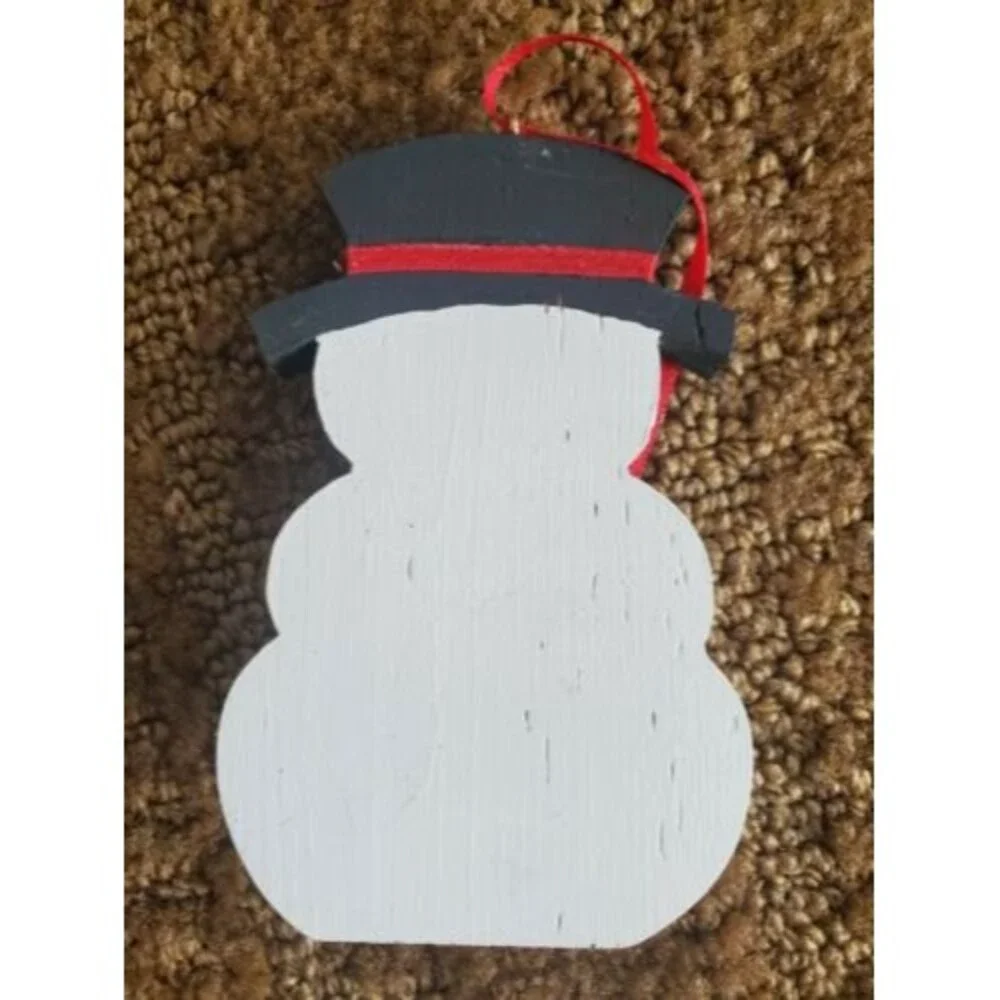 Christmas Snowman Ornament White Hand Painted Wood Black Smiling Happy 3